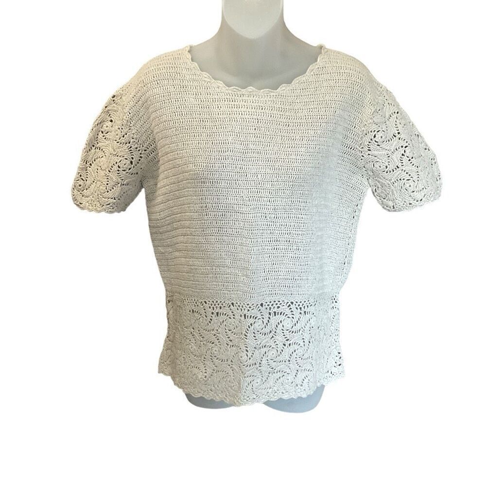 Signature Expressions Top Tan Ivory Crochet Short Sleeve Blouse Size Small